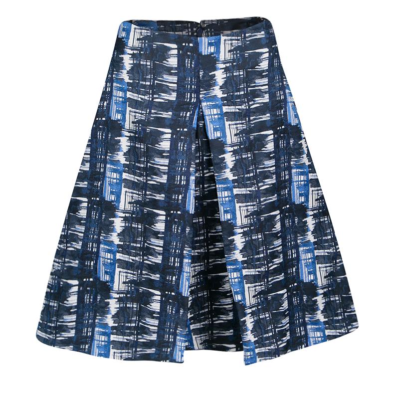 Oscar de la Renta Blue and White Printed A-Line Inverted Pleat Skirt S