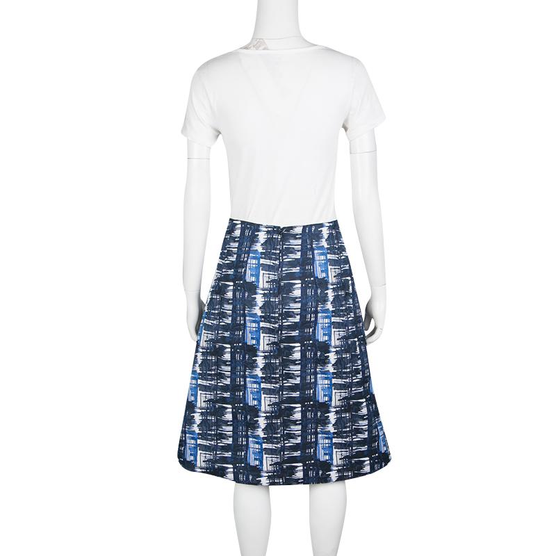 Purple Oscar de la Renta Blue and White Printed A-Line Inverted Pleat Skirt S