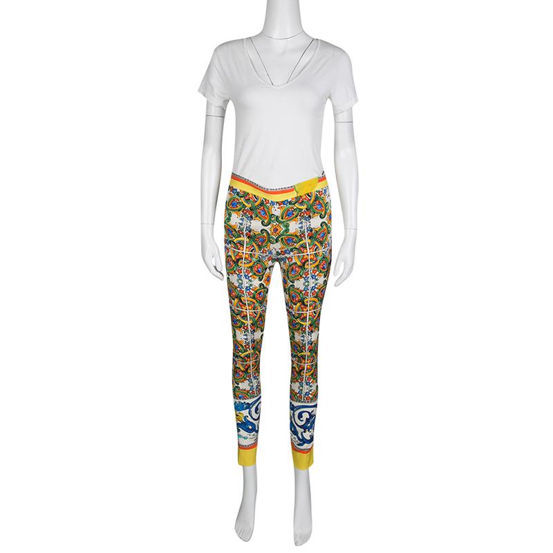 Brown Dolce and Gabbana Multicolor Majolica Print Tapered Pants S