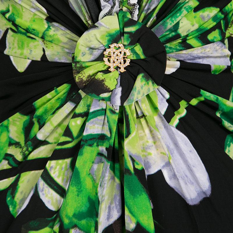 Roberto Cavalli Black Floral Printed Knit Long Sleeve Gathered Maxi Dress M 1