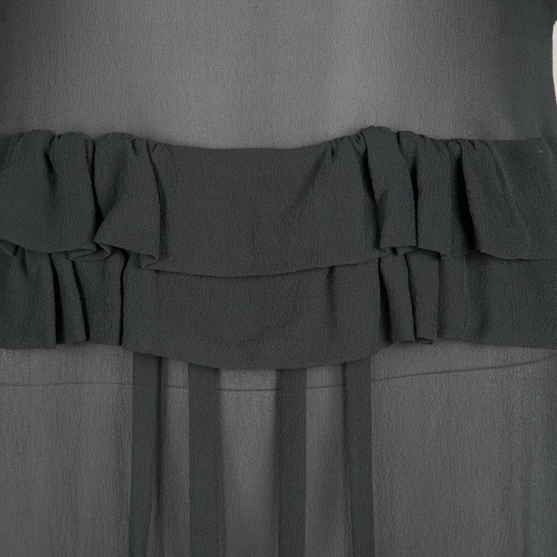 Women's Sonia Rykiel Grey Silk Georgette Ruffle Detail Sheer Midi Dress S
