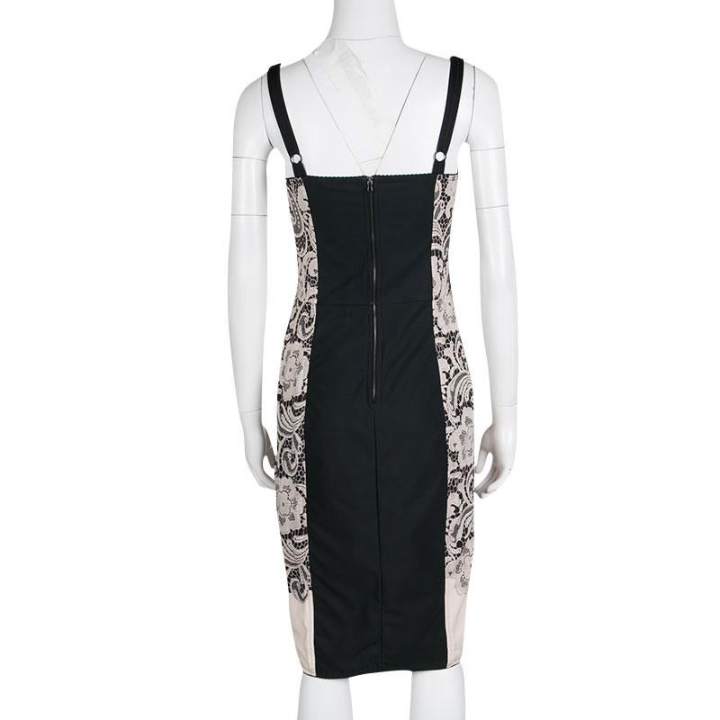 Gray Dolce and Gabbana Black and Beige Floral Lace Print Sleeveless Bodycon Dress S