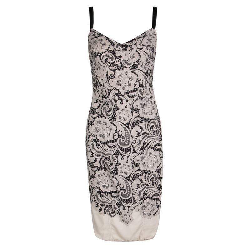 Dolce and Gabbana Black and Beige Floral Lace Print Sleeveless Bodycon Dress S