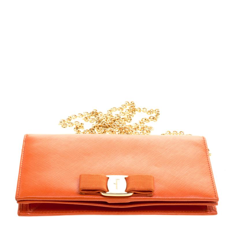 Salvatore Ferragamo Orange Leather Miss Vara Wallet On Chain 3