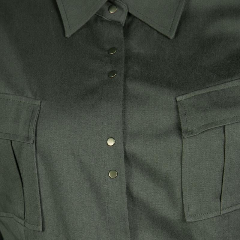 Women's Balmain Olive Green Cotton Emroidered Military Shirt Tunic M