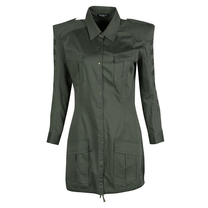 Balmain Olive Green Cotton Emroidered Military Shirt Tunic M