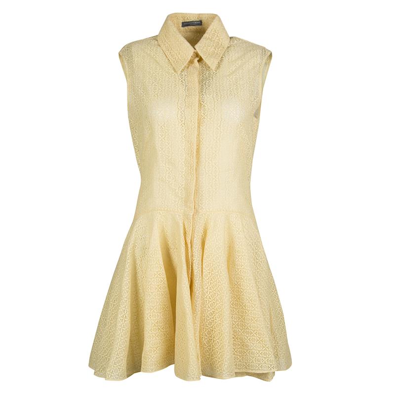 Alexander McQueen Yellow Floral Lace Sleeveless Shirt Dress M