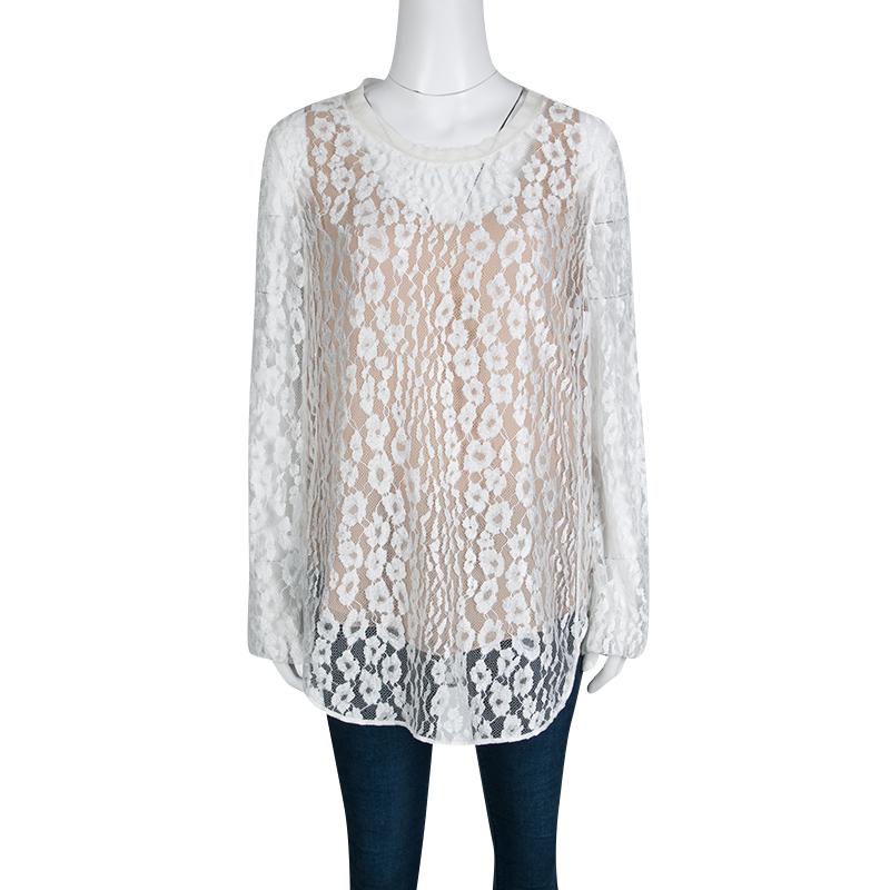 Gray Chloe White Contrast Lined Long Sleeve Floral Lace Top L