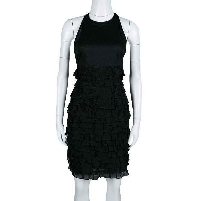 Burberry London Black Cotton Tiered Ruffle Bottom Sleeveless Dress S In Good Condition In Dubai, Al Qouz 2