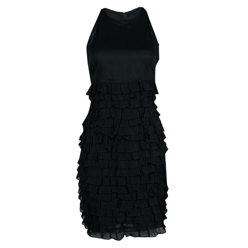 Burberry London Black Cotton Tiered Ruffle Bottom Sleeveless Dress S