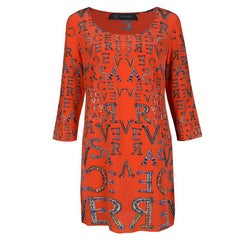 Versace Orange Logo Alphabet Printed Silk Long Sleeve Shift Dress M