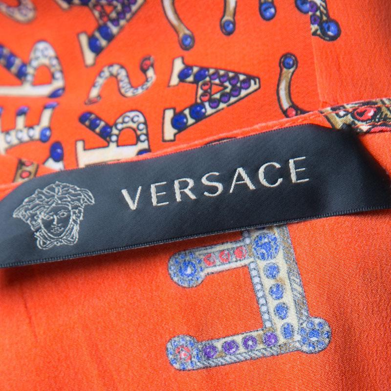 Versace Orange Logo Alphabet Printed Silk Long Sleeve Shift Dress M 2