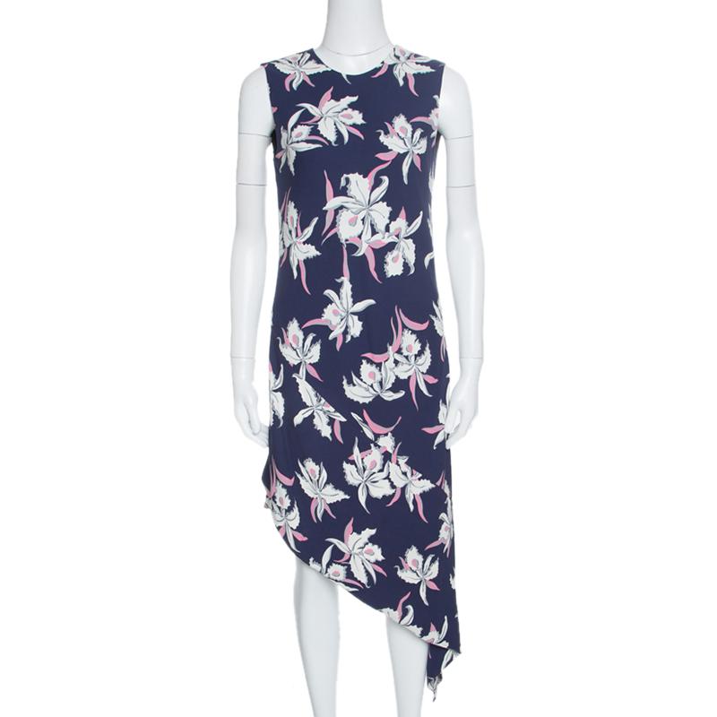 Women's Marni Navy Blue Floral Printed Silk Georgette Asymmetric Dress M