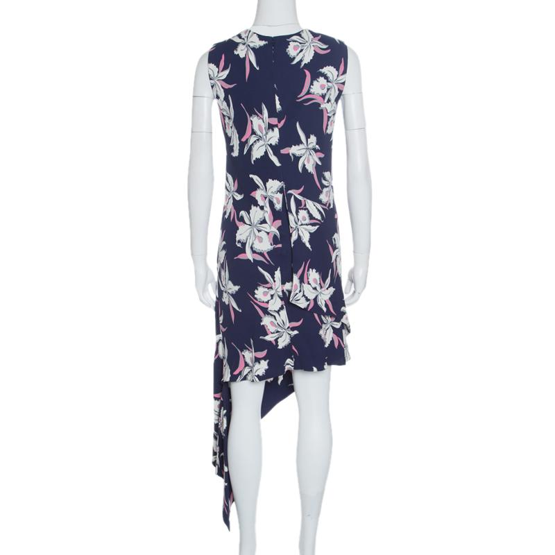 Gray Marni Navy Blue Floral Printed Silk Georgette Asymmetric Dress M