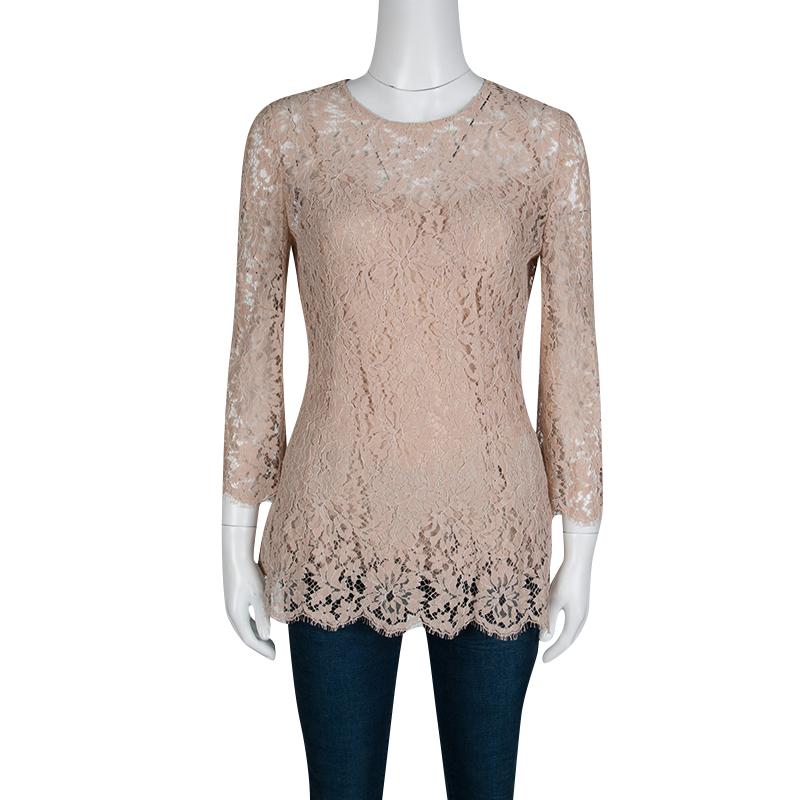 Brown Dolce and Gabbana Blush Pink Floral Lace Scallop Trim Long Sleeve Blouse M