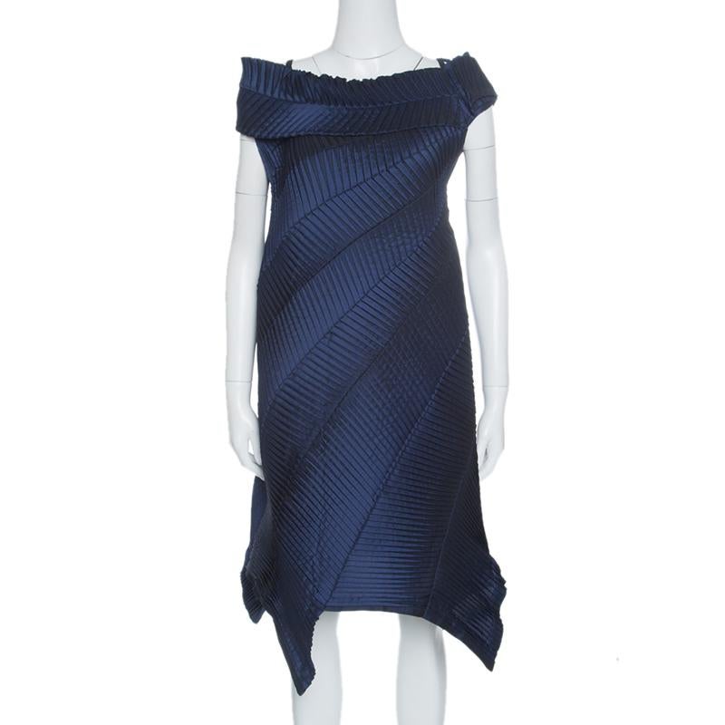 Black Issey Miyake Navy Blue Pleated Boat Neck Asymmetric Dress S