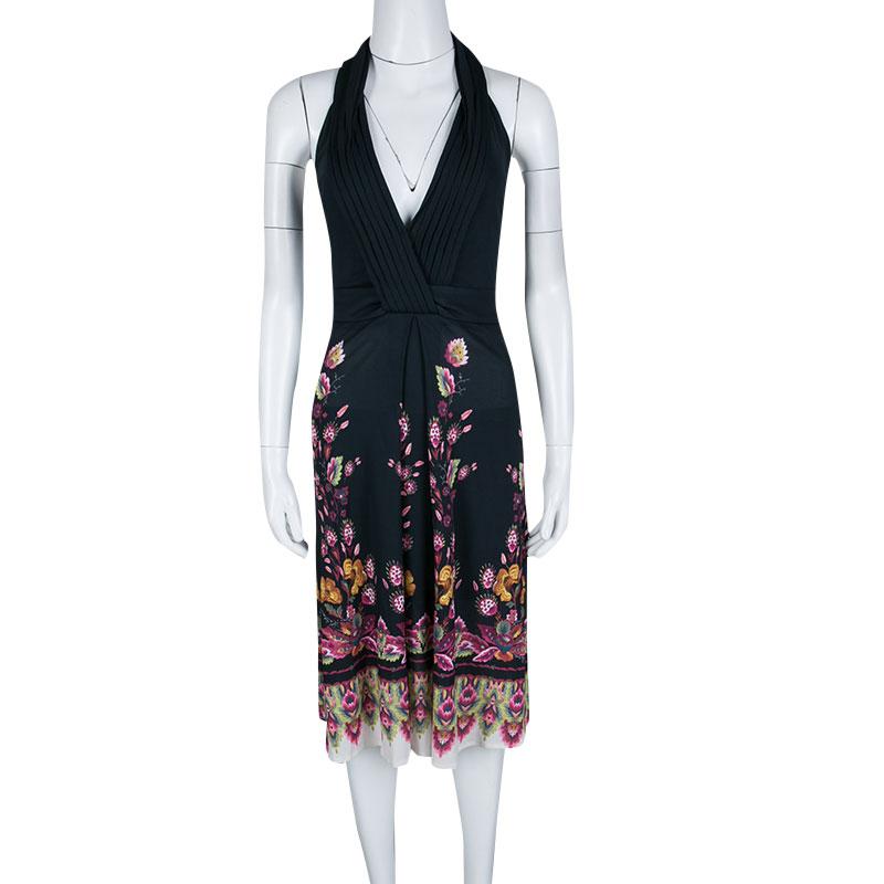 Roberto Cavalli Black Floral Printed Halter Dress S In Good Condition In Dubai, Al Qouz 2