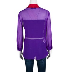 Gucci Purple Silk Chiffon Contrast Plisse Ruffle Detail Sheer Blouse M