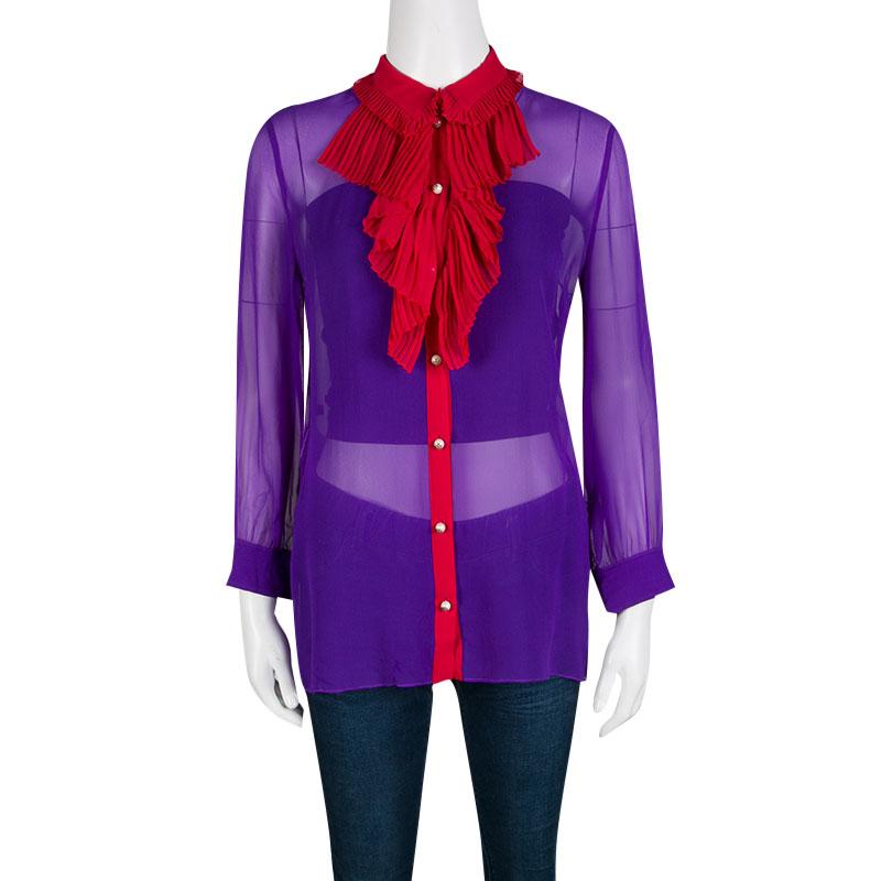 Gucci Purple Silk Chiffon Contrast Plisse Ruffle Detail Sheer Blouse M In Good Condition In Dubai, Al Qouz 2