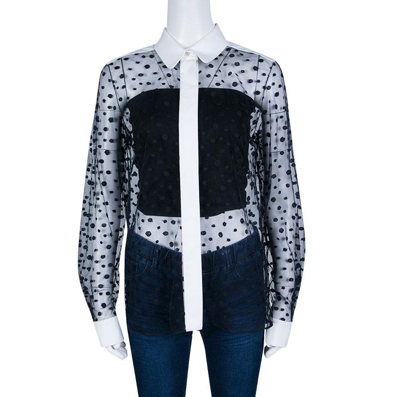 Gray Chloe Navy Blue and White Dot Embroidered Tulle Sheer Shirt M