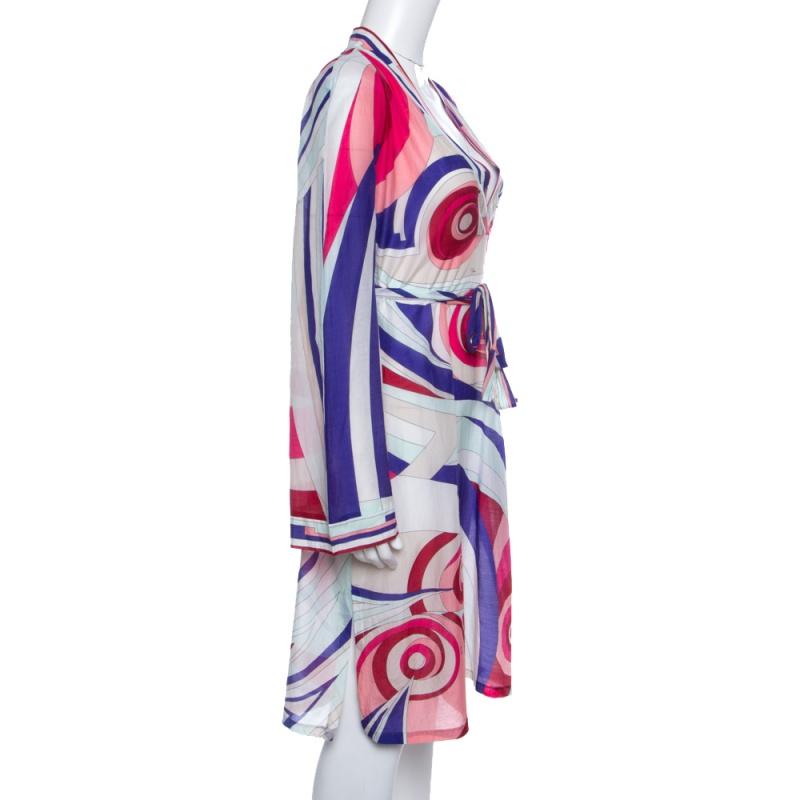 Gray Emilio Pucci Multicolor Printed Cotton and Silk Voile Belted Tunic Dress M