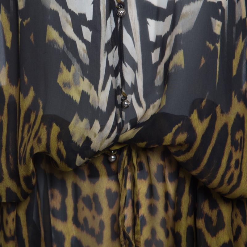 Women's Roberto Cavalli Animal Printed Silk Chiffon Sheer Kaftan Maxi Dress M