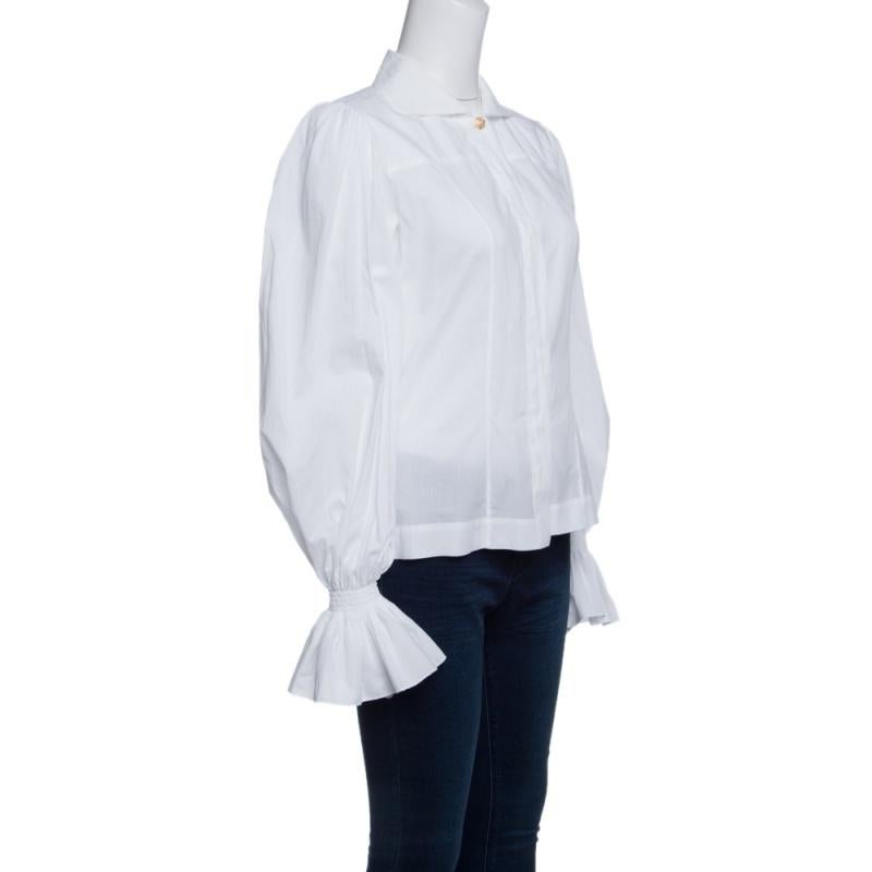Gray Fendi White Ruffled Cuff Detail Long Sleeve Shirt S