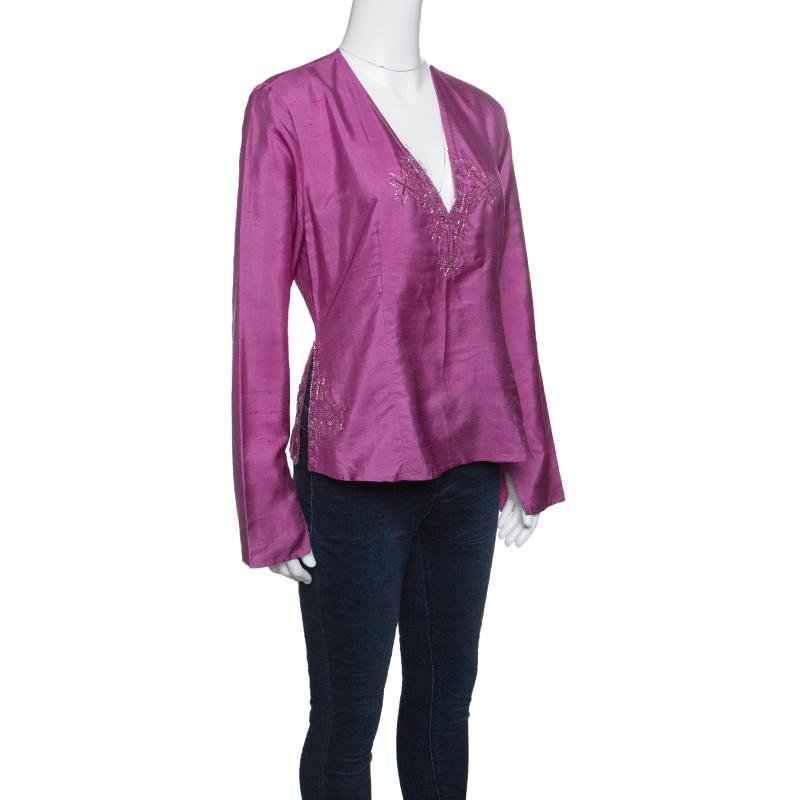 Emporio Armani Pink Raw Silk Embellished Long Sleeve Top L In Good Condition In Dubai, Al Qouz 2
