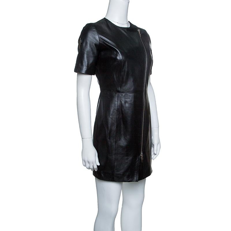 Cesare Paciotti Black Dagger Zip Detail Short Sleeve Leather Dress S In Good Condition In Dubai, Al Qouz 2