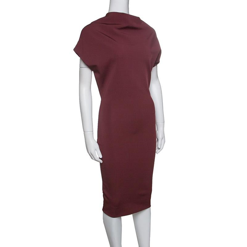 Black Victoria Beckham Burgundy Knit Draped High Neck Bodycon Dress S