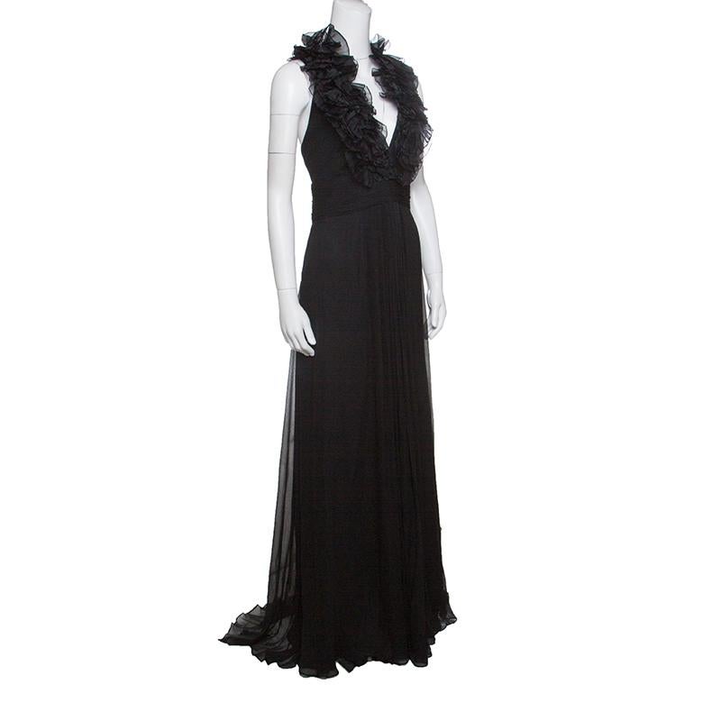 Notte By Marchesa Black Silk Chiffon Ruffle Detail Halter Evening Gown L In Good Condition In Dubai, Al Qouz 2