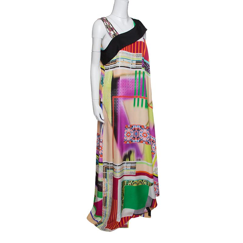 Gray Etro Multicolor Printed Silk Embellished Strap Detail Sleeveless Maxi Dress L