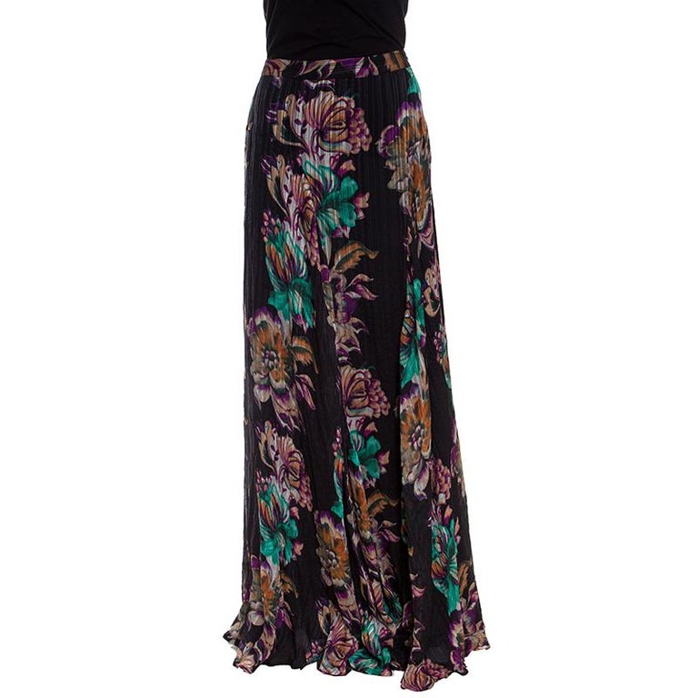 Etro Black Floral Printed Crinkled Silk Maxi Skirt M at 1stdibs