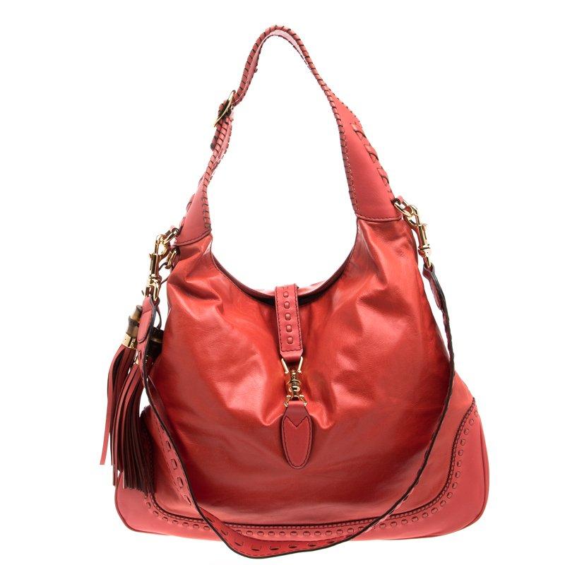 Gucci Red Orange Leather Large New Jackie Shoulder Bag