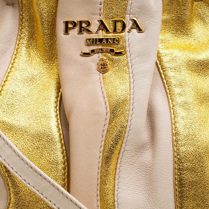 Prada Beige/Gold Stripe Leather Hobo 2
