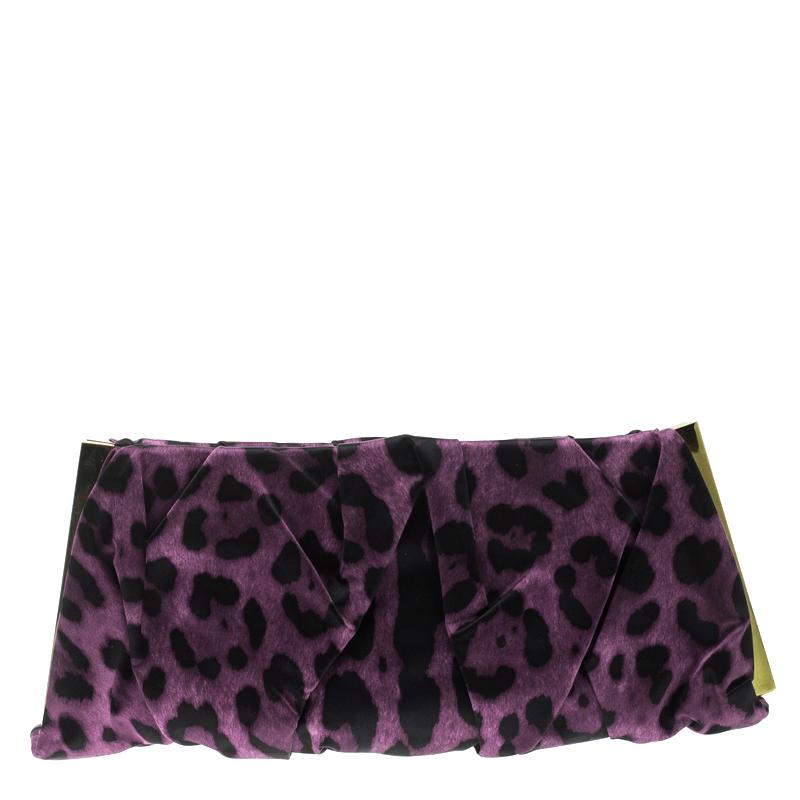 Dolce and Gabbana Purple Leopard Print Satin Miss Lady Clutch