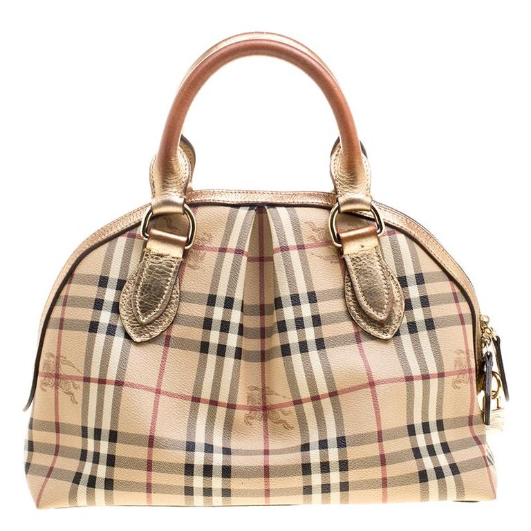 Burberry Gold Haymarket Check Pvc And Leather Thornley Bowling Bag Burberry Gold Haymarket Check Pvc And Leather Thornley Bowling Bag For