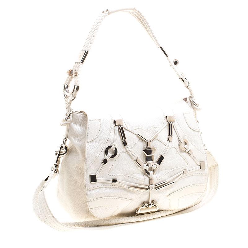 Women's Gucci White Leather Techno Horsebit Shoulder Bag