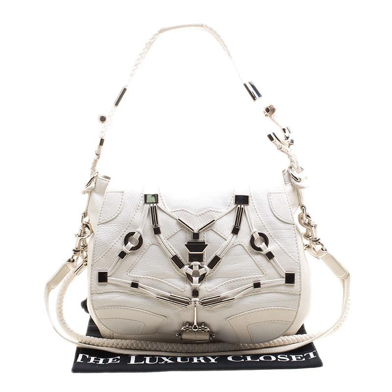 Gucci White Leather Techno Horsebit Shoulder Bag 1