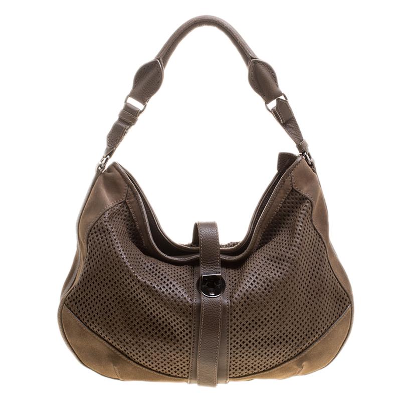 Burberry Khaki Perforated Leather and Suede Bartow Hobo