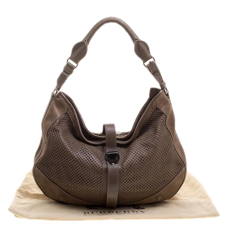 Burberry Khaki Perforated Leather and Suede Bartow Hobo In Good Condition In Dubai, Al Qouz 2