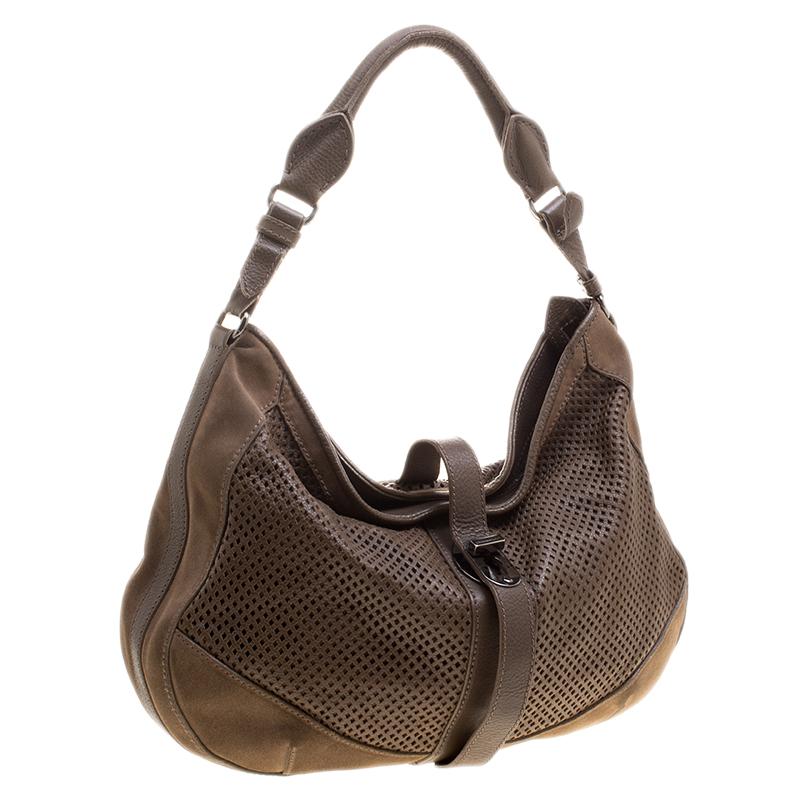 Burberry Khaki Perforated Leather and Suede Bartow Hobo 3