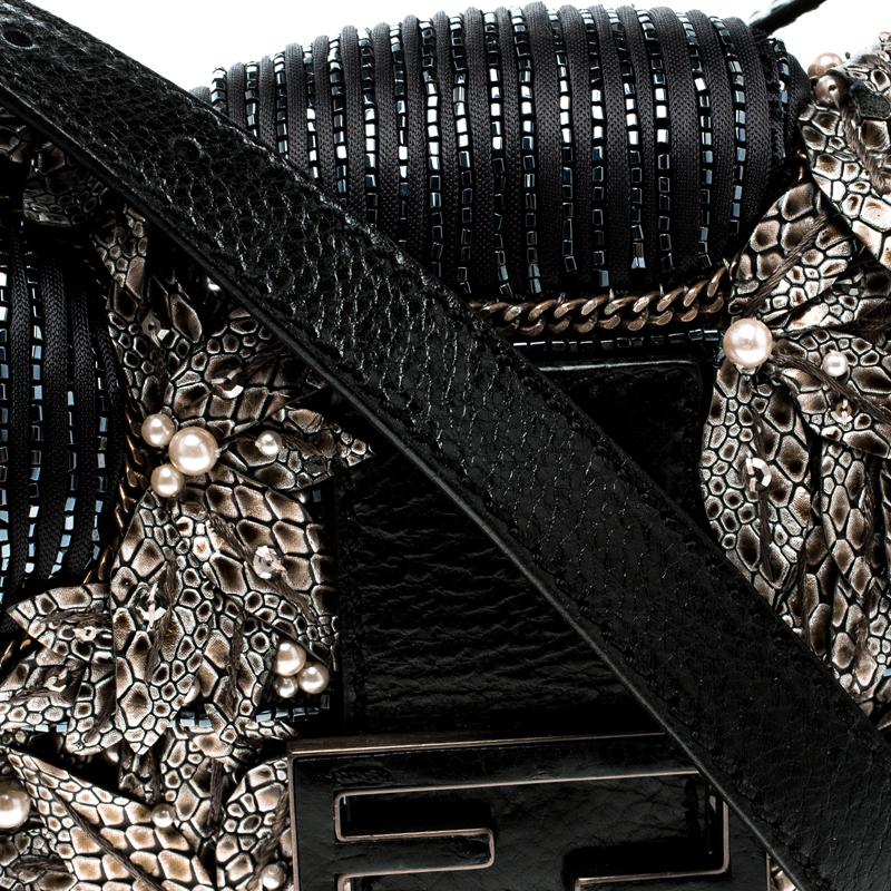 Women's Fendi Black Beaded Embellishment Fabric Baguette Shoulder Bag