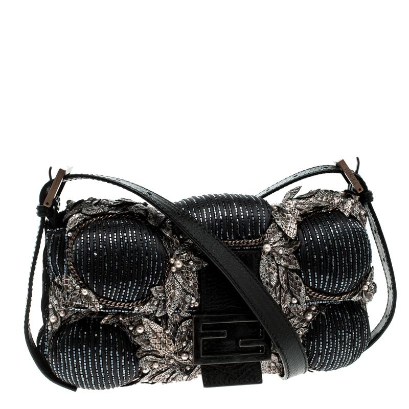 Fendi Black Beaded Embellishment Fabric Baguette Shoulder Bag In Good Condition In Dubai, Al Qouz 2