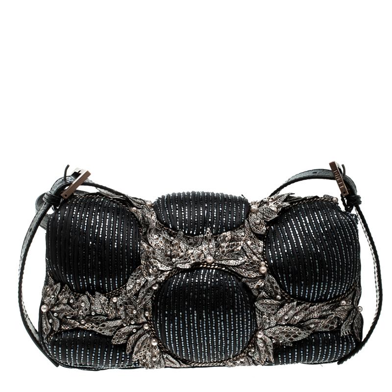 Fendi Black Beaded Embellishment Fabric Baguette Shoulder Bag 5