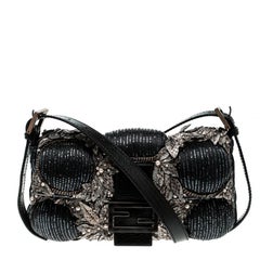 Fendi Black Beaded Embellishment Fabric Baguette Shoulder Bag