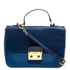 Miu Miu Blue Leather Madras Top Handle Crossbody Bag