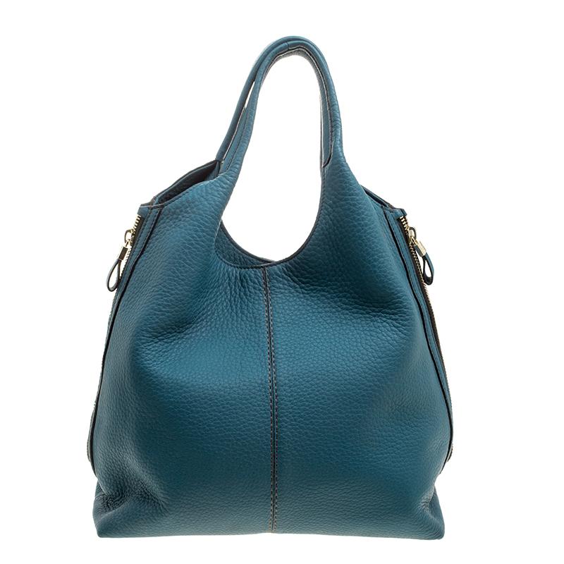 Women's Tod's Teal Blue Pebbled Leather Zip Tote
