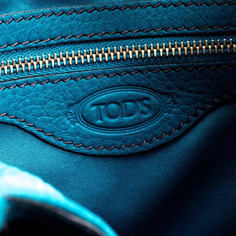 Tod's Teal Blue Pebbled Leather Zip Tote 2