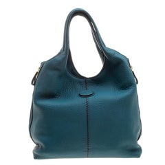 Tod's Teal Blue Pebbled Leather Zip Tote